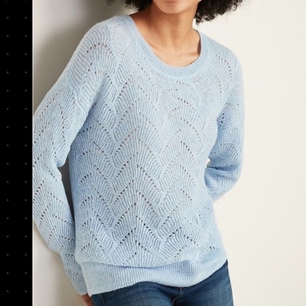 Old Navy Women’s Pointelle Crocheted Lightweight Sky Blue Crew Sweater Size M